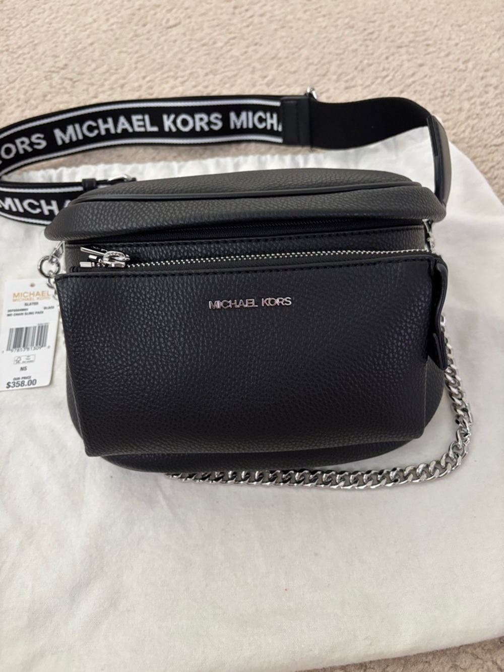 Michael Kors Black Pebbled Leather Logo Strap Crossbody Bag